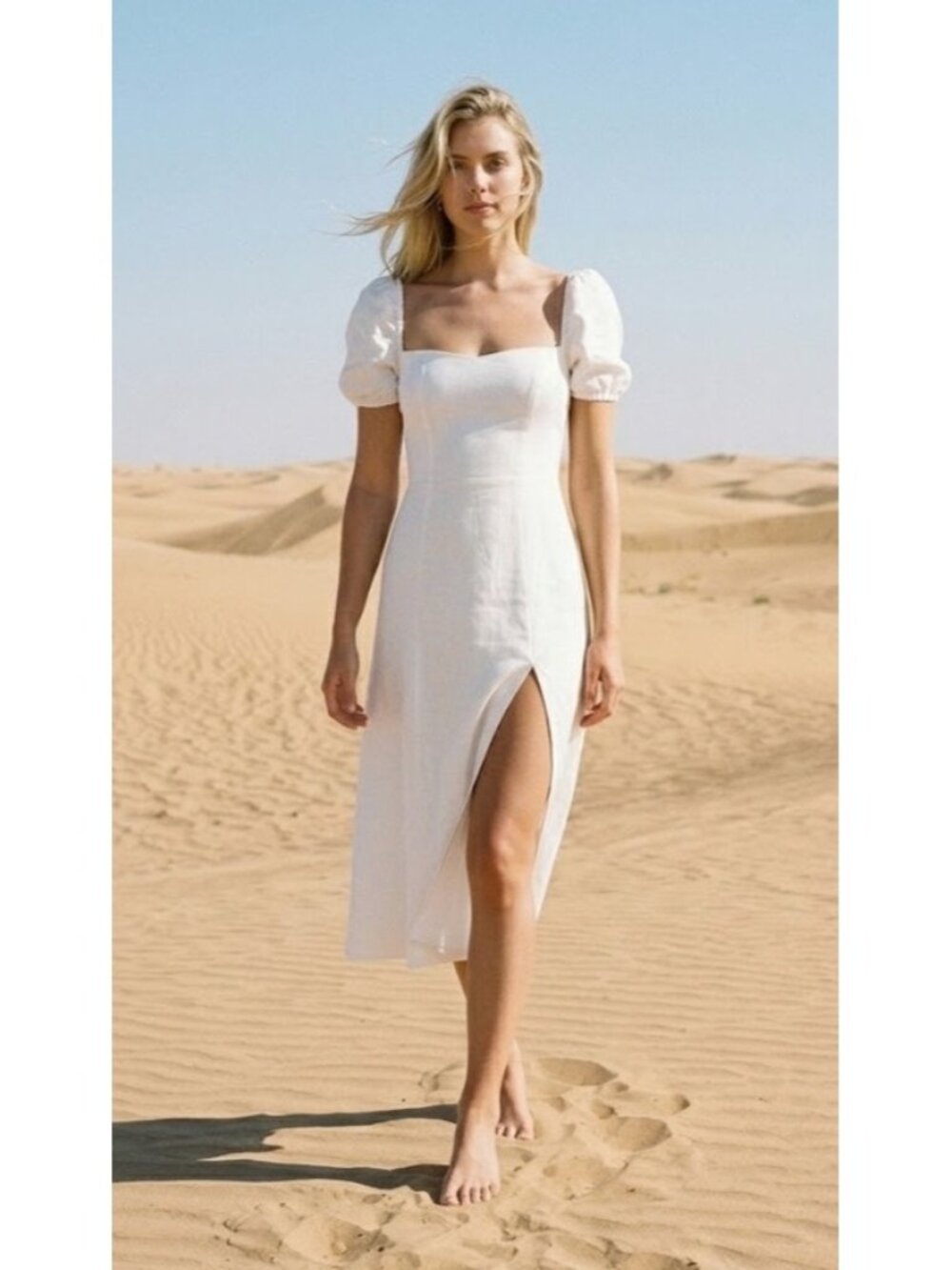 NWT Reformation Denver in White Tie Back Linen Puff Sleeve Midi Dress 10